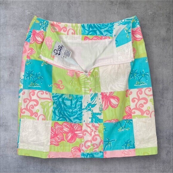 Lilly Pulitzer Patchwork Mini Skirt Women 2 Pink Blue Floral Boho Coastal Beach - Picture 4 of 7